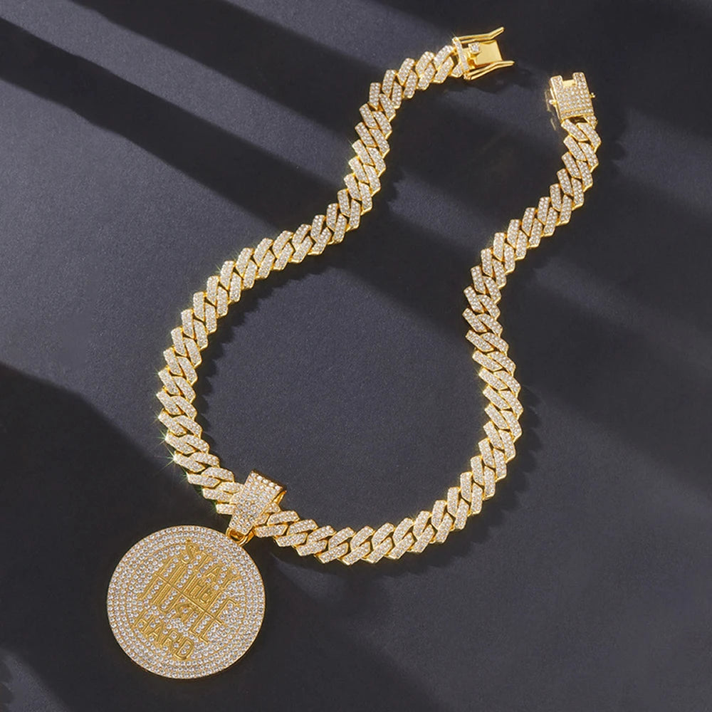 Hip Hop STAY HARD Letter Pendant Cuban Chain Necklace Punk Gold Color Iced Out Bling Necklaces Fashion Charm Men Women