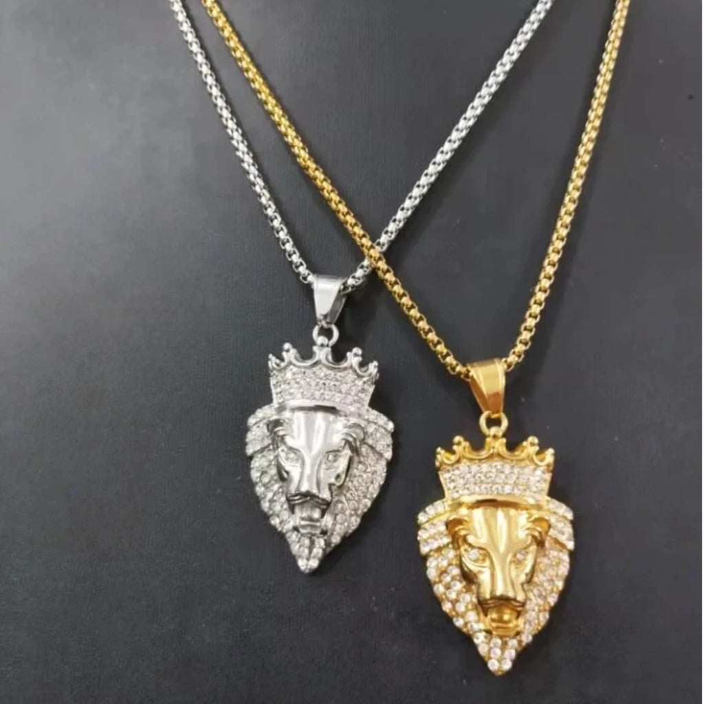 Iced Out Crown Lion King Pendant — Two-Tone
