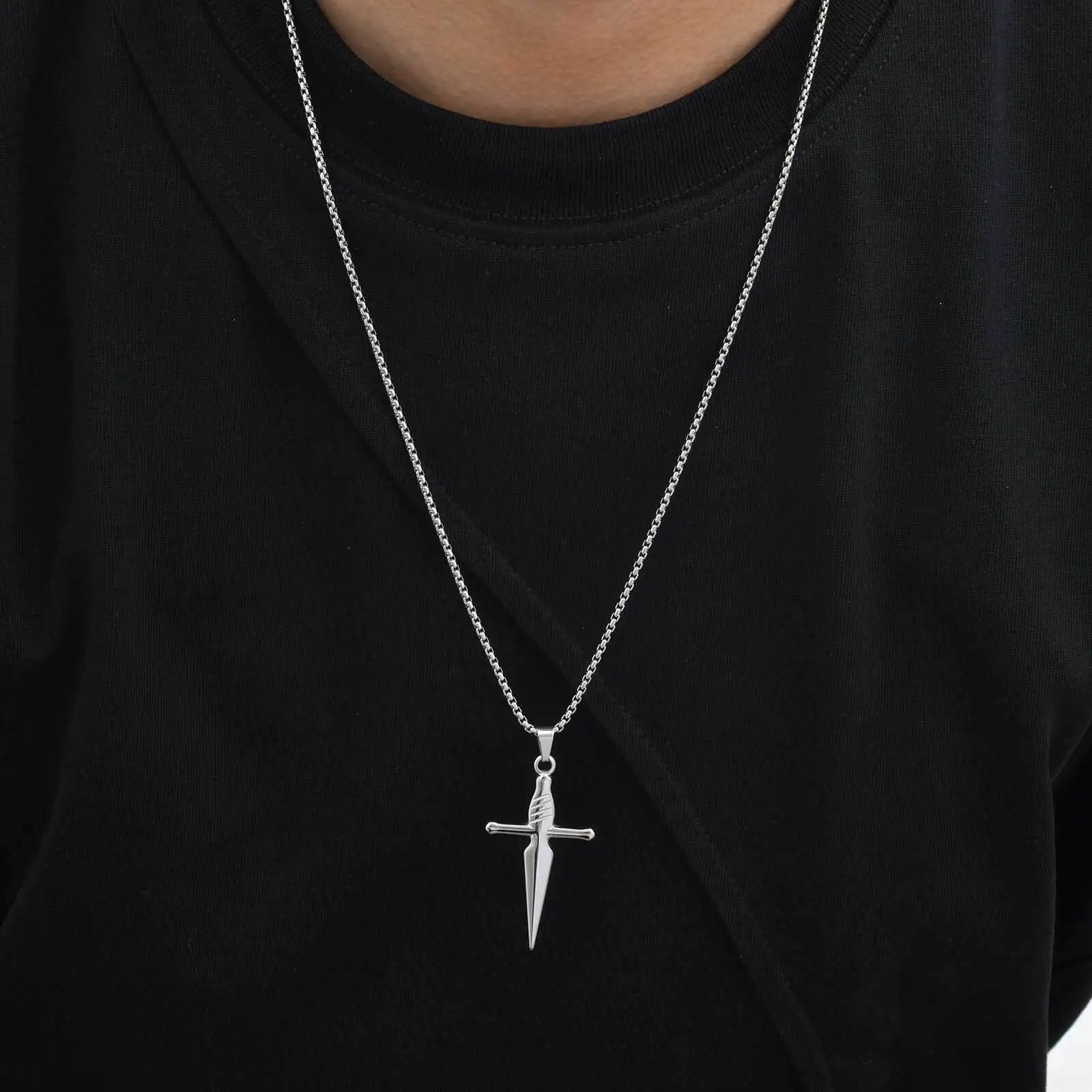 Men's Sword Cross Necklace,Short Sword Stainless Steel Pendant Necklace,Rock Punk Jewelry Gift