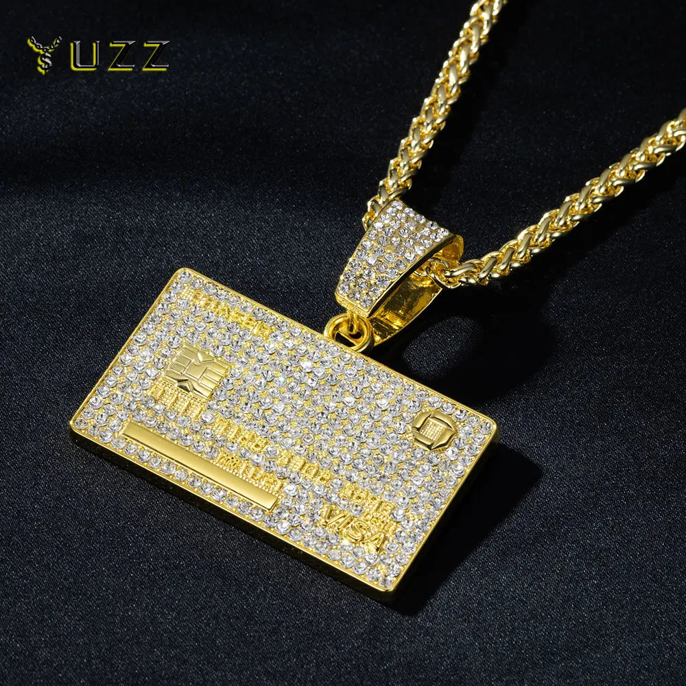 Men's Hip Hop VISA Golden Silvery Card Pendant Necklaces With 5mm 24 Inch Long Chain Credit Card Pendants for Daily Wear Unisex