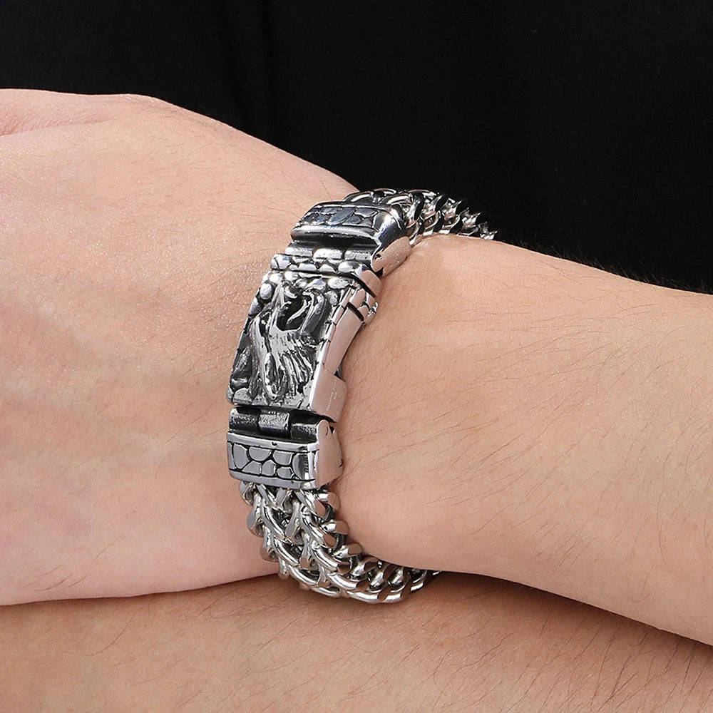 Cool Punk Chinese Loong Dragon Head Bracelet for Man 16MM Width Double Layer Square Franco Chain Bracelets Men's Male