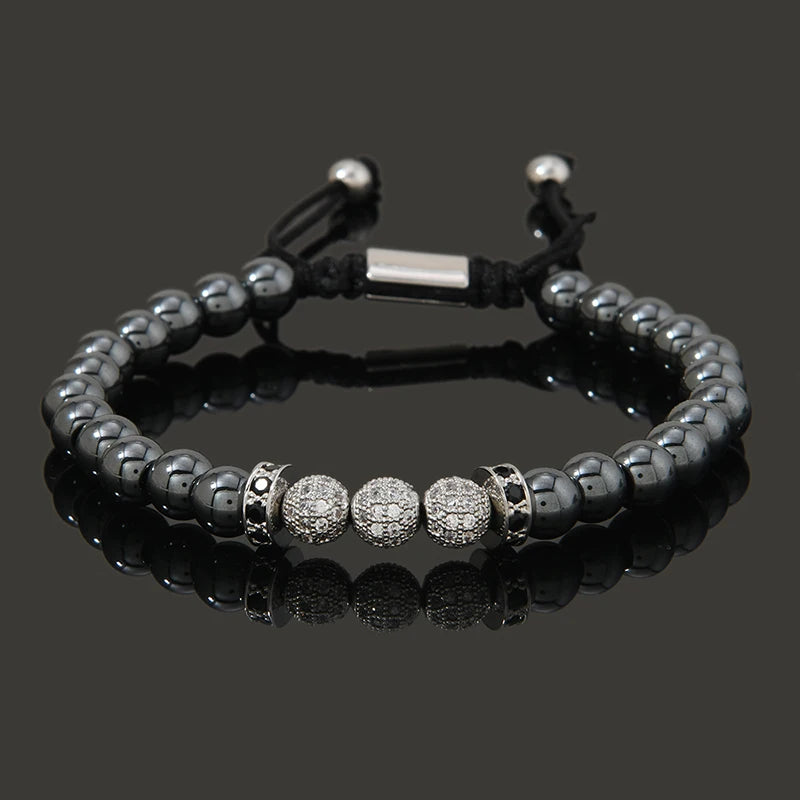 Luxury Natural Hematite Stone Beads CZ Ball Charms Man Bracelet For Women Hand Jewelry Gift For Boy