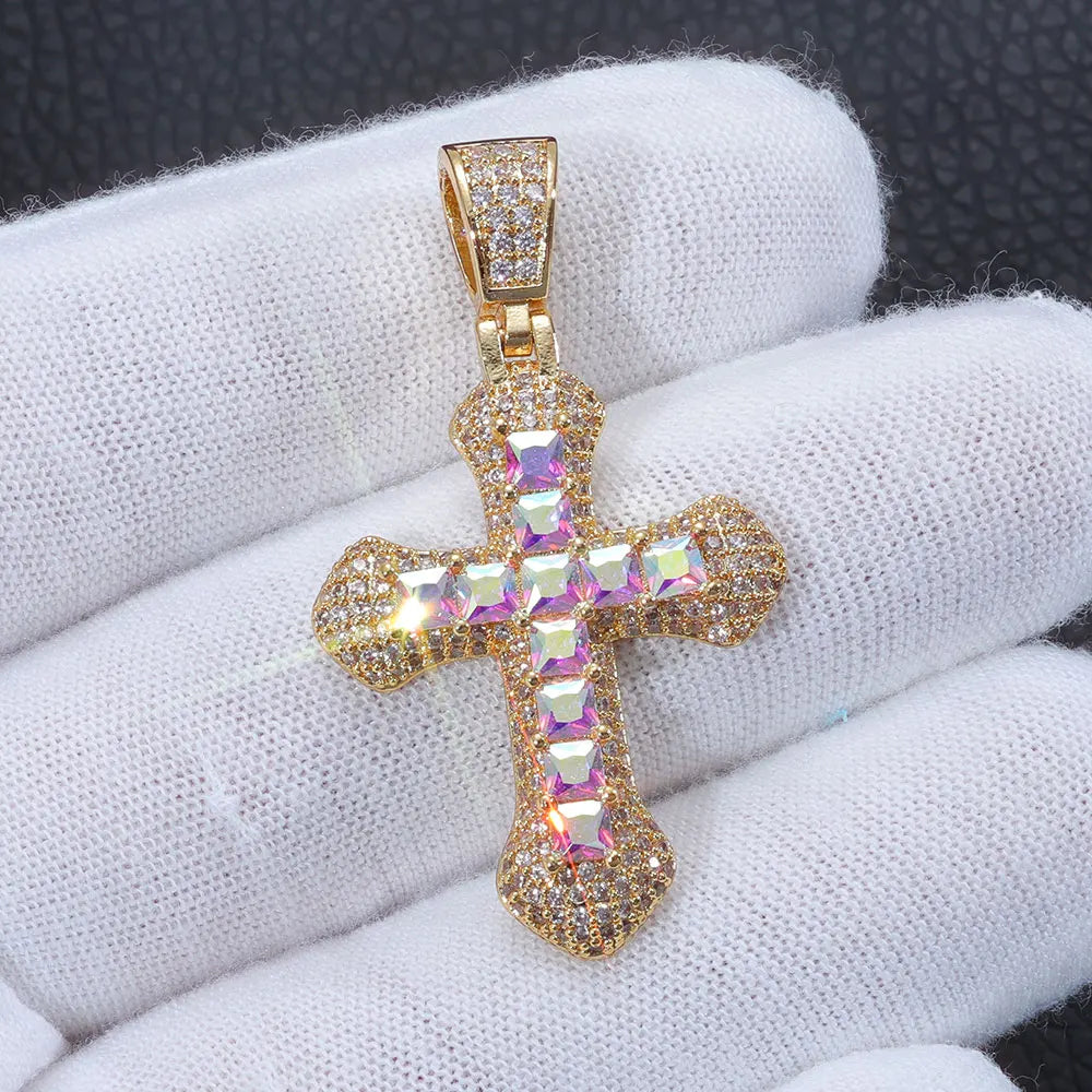 Cross Pendant Necklace Iced Out Colored CZ