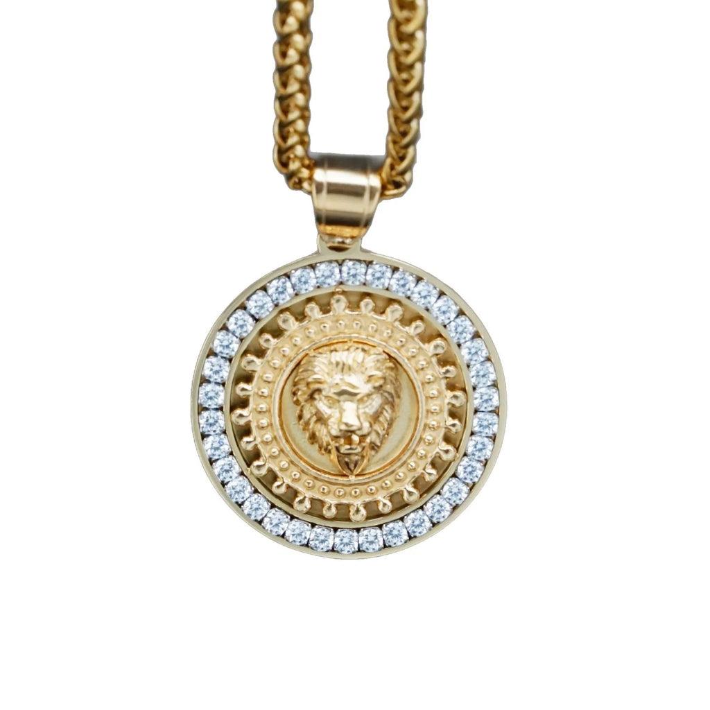Lion Head Rhinestone Pendant Necklace — Stainless Steel