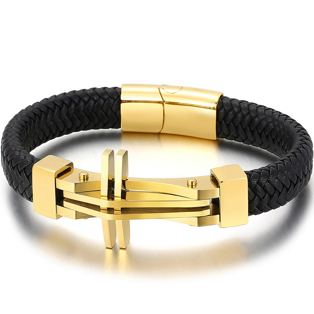 11MM Braided Leather Man Bracelet For Men Gold Color Stainless Steel Men's Charm Cross Bracelets Handmade Hand Bands
