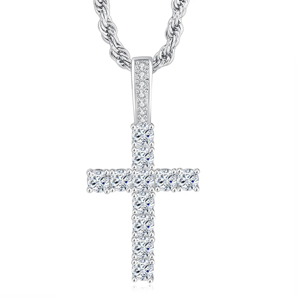 Cross Pendant Rope Chain Necklace Iced Out CZ