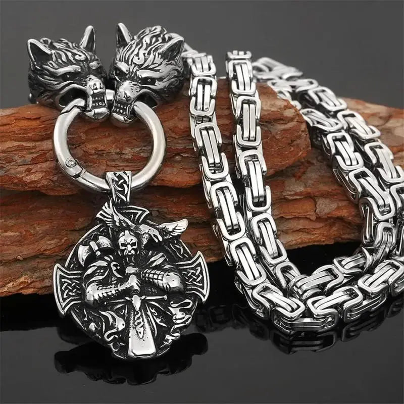 Wolf Head Snake Head Men's Stainless Steel Pendant King Chain Necklace, Nordic Viking Retro Scandinavian Amulet Jewelry