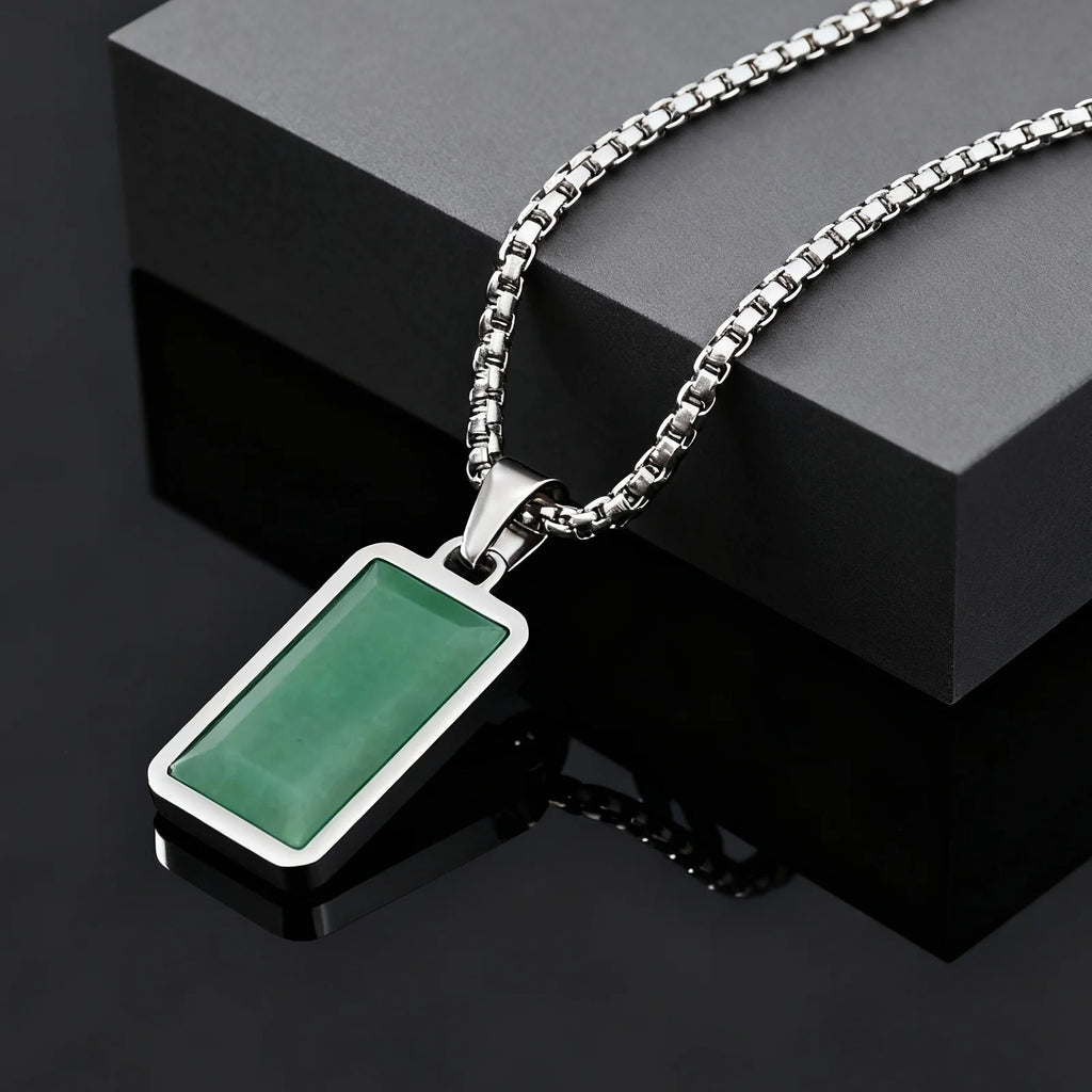 Geometric Square Green Stone Pendant Necklace — 50cm & 60cm Chain