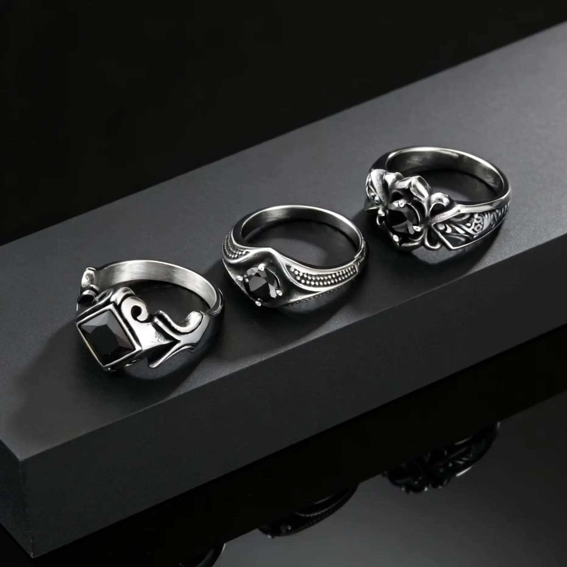 Men's Stylish Square Geometric Black Zircon Ring Stainless Steel Punk Waterproof Finger Jewelry Gift Party Daily Wear Size 7-11