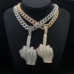 Hip Hop Big Polite Gesture Middle Finger Pendant Necklace with 11mm Crystal Cuban Chain HipHop Iced Out Necklaces Men