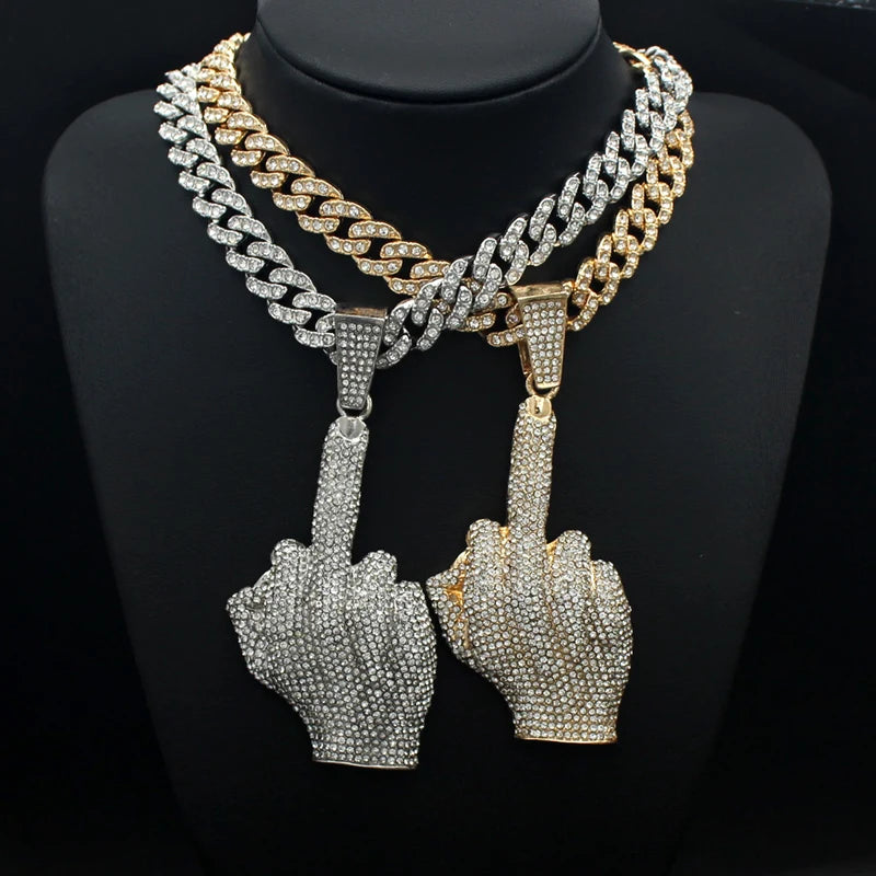 Hip Hop Big Polite Gesture Middle Finger Pendant Necklace with 11mm Crystal Cuban Chain HipHop Iced Out Necklaces Men