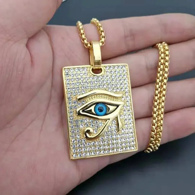 Shining Iced Out Ancient Egyptian God Eye of Horus Cross Pendant Necklace for Men and Women Hip Hop Trendy Amulet