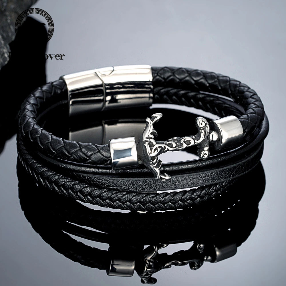 Men's Handmade Anchor Bracelet Women Punk Vikings Stainless Stee Multi-layer Leather Bangle Vintage Nautical Style