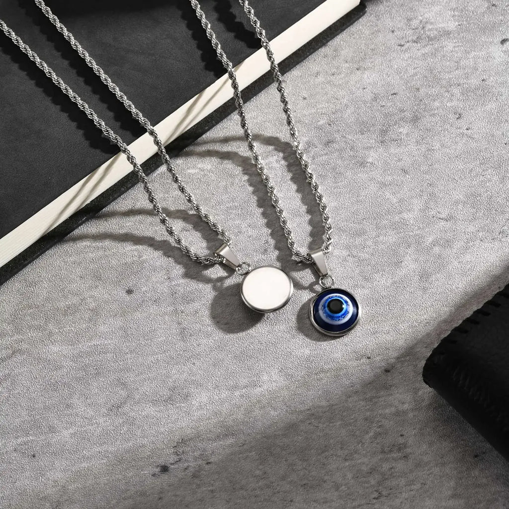 Stainless Steel Turkish Evil Eye Necklaces for Men, Blue Eye Round Pendant Necklace, Ethnic Collar Jewelry