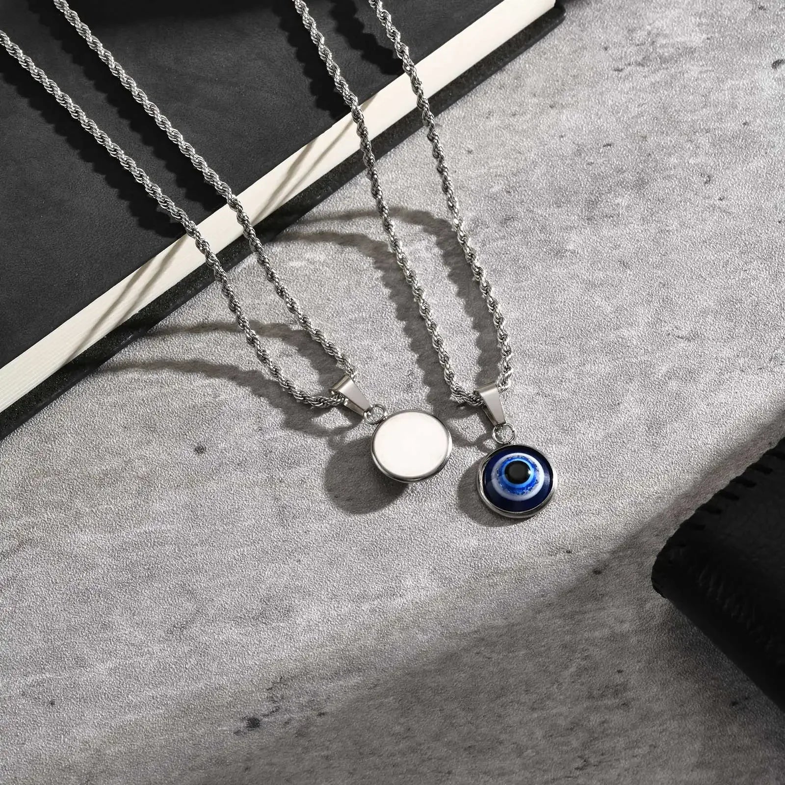 Stainless Steel Turkish Evil Eye Necklaces for Men, Blue Eye Round Pendant Necklace, Ethnic Collar Jewelry