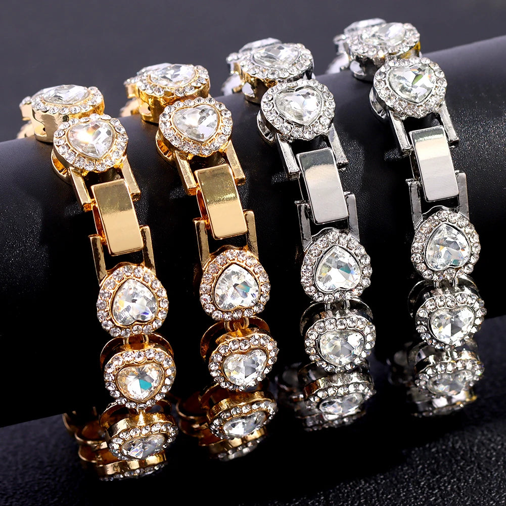 Hip Hop Full Crystal Heart Tennis Chain Bracelets for Men Women Bling Square Rhinestone Cuban Link Chain Bracelet Luxury Jewelry