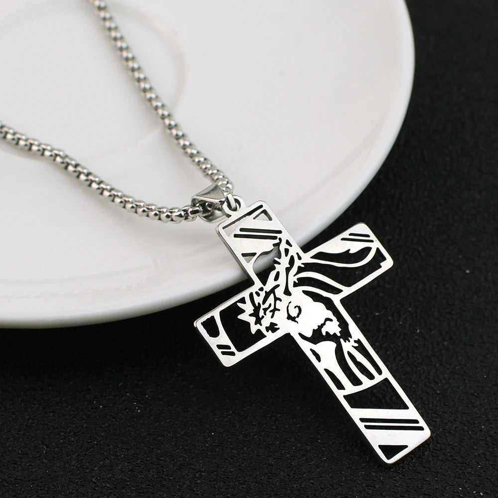Crown of Thorns Jesus Cross Cutout Necklace — Stainless Steel