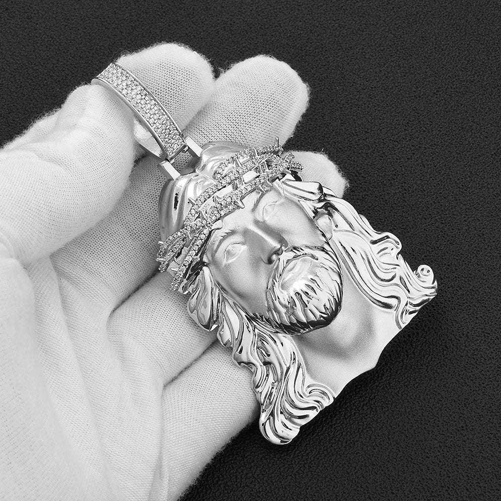 NY Fine Iced Out Jesus Head Pendant Necklace Brass Inlaid With CZ Crown Of Thorns Charm Men Hip Hop Religious Christian Jewelry