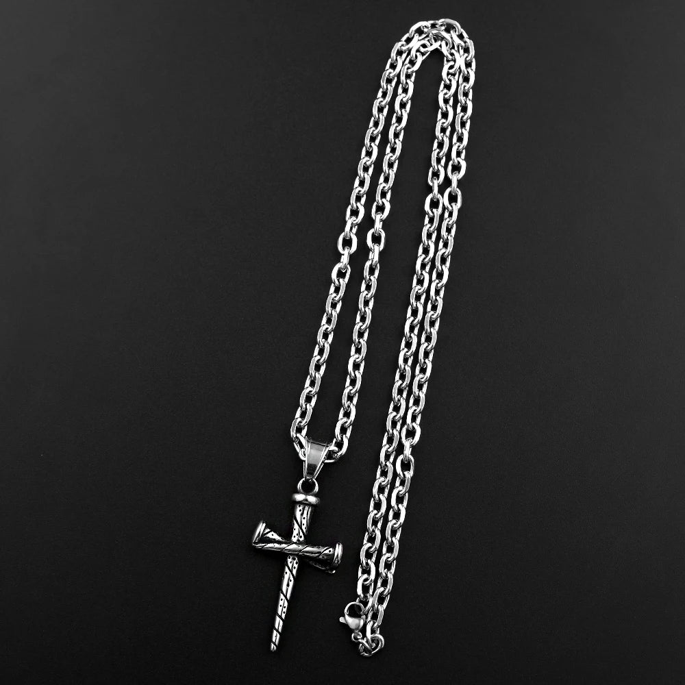 Vintage Nail Spike Cross Pendant Necklace — Stainless Steel