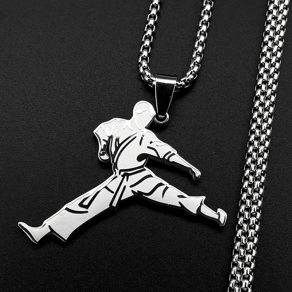 Karate Kick Man Pendant Necklace For Men Stainless Steel Martial Arts Kung Fu Charm Male Chain Jewelry Taekwondo Fighter Gift