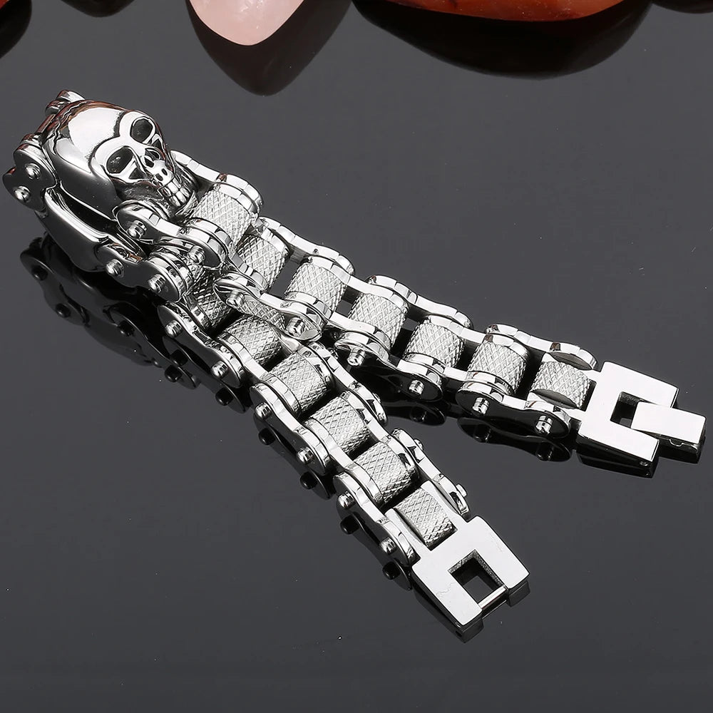 Cool Skull Head Motorcycle Chain Bracelet for Men 316L Stainless Steel Punk Biker Jewelry Gothic Rockers' Wristband
