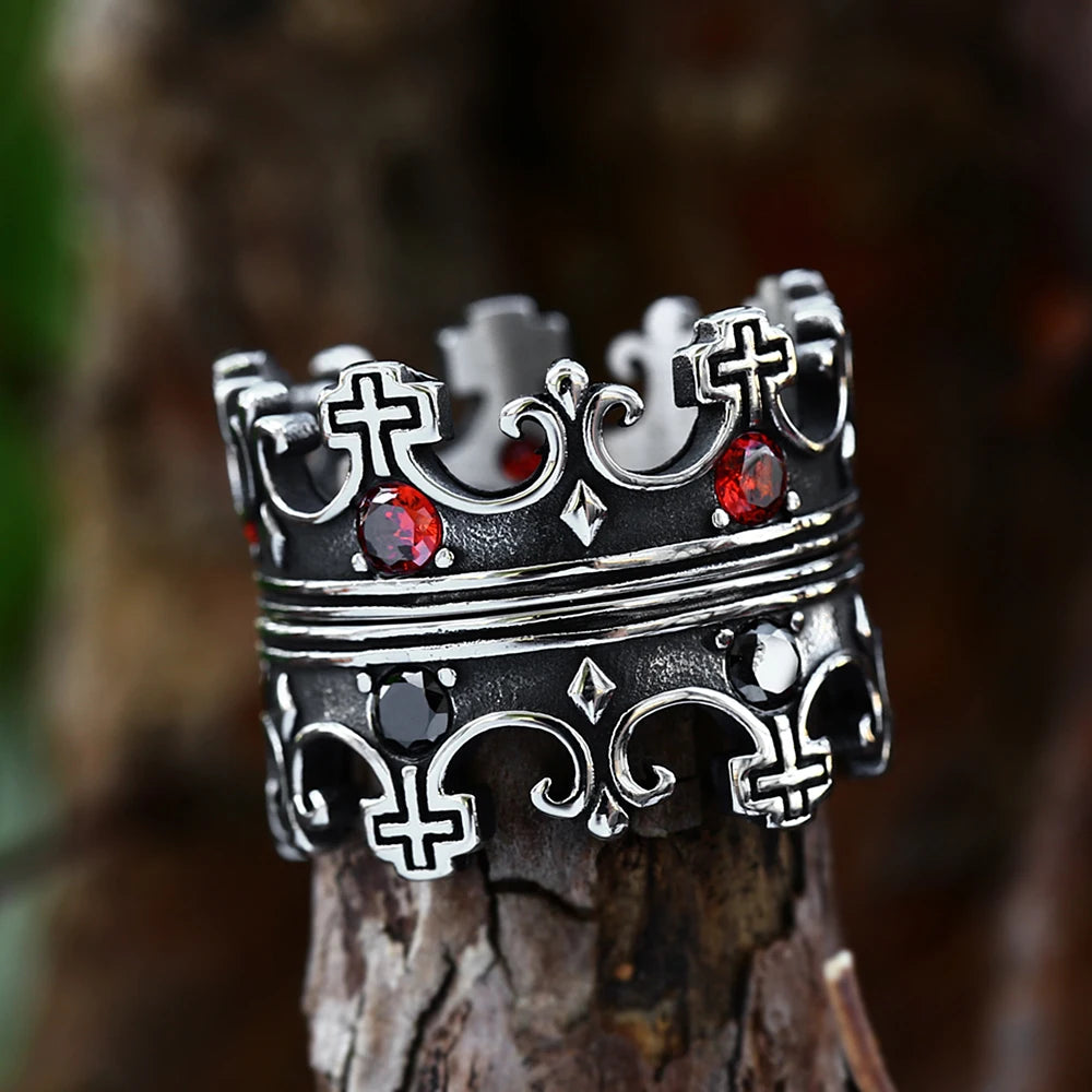 Cross Crown Ring with Red Stones — SS