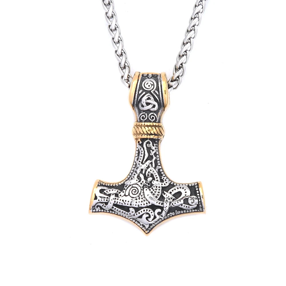 Vintage Stainless Steel Viking Thor's Hammer Pendant Necklace For Men Nordic Celtic Knot Necklace Fashion Jewelry Gift