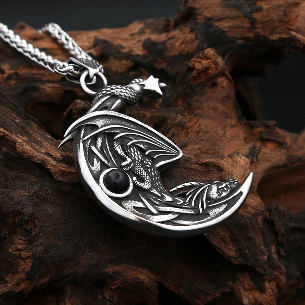Dragon Stone Moon Pendant — Stainless Steel