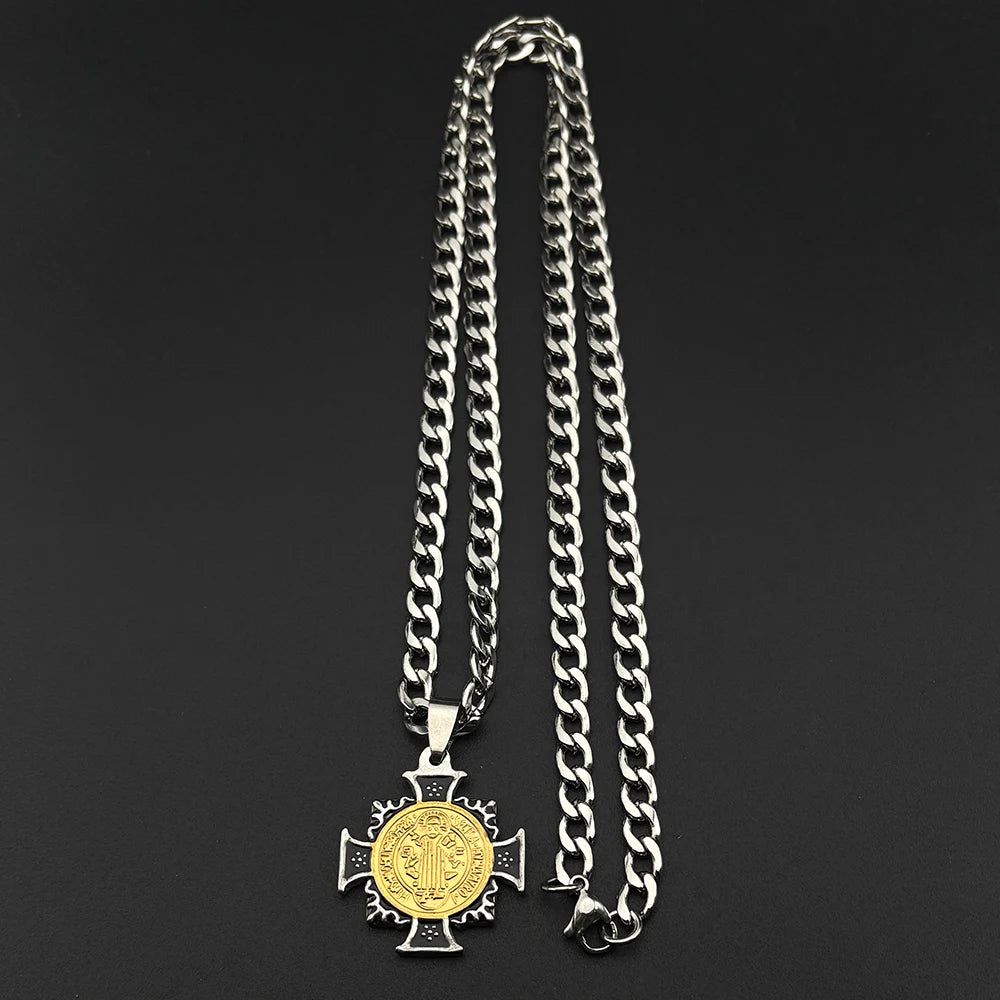 Catholic Saint Benedict Cross Pendant Necklace for Men Stainless Steel Gold Silver Color Chain Enamel Jewelry Gift San Benito