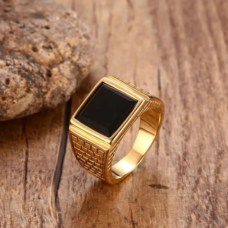 Black Stone Gold Signet Ring — Stainless Steel