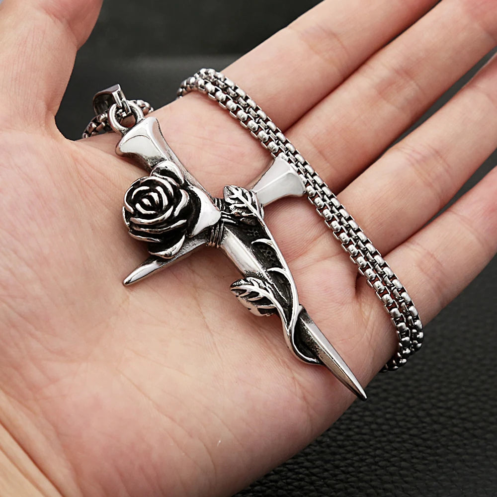 Fashion Vintage Rose Cross Necklace for Man Woman Punk 316L Stainless Steel Couple Pendant Creative Amulet Jewelry