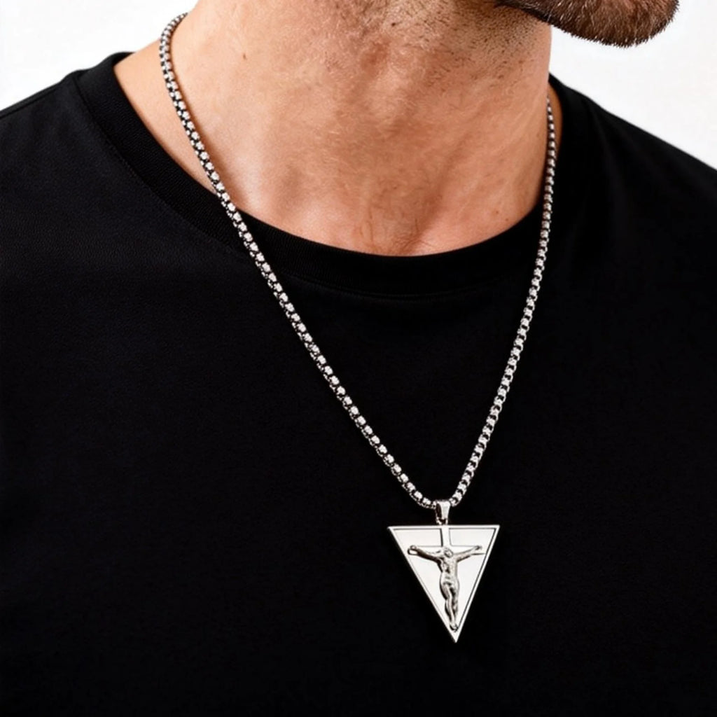 Catholic Jesus Cross Triangle Pendant Necklace — Stainless Steel