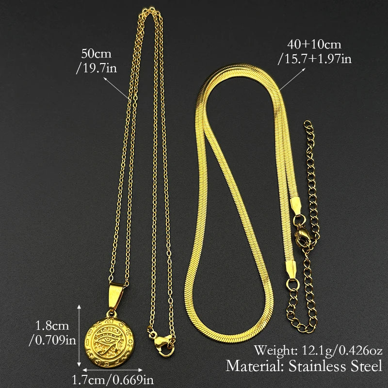 Stainless Steel Egyptian Eyes Hieroglyph Chain Necklace for Women Men Gold Color Eye of Ra Horus Symbol Pendant Necklace Jewelry