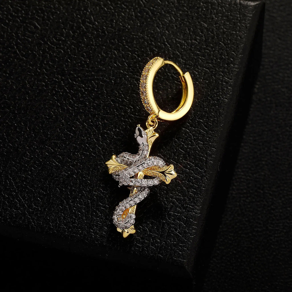 Iced Out Cross Snake Dangle Hoop Earrings