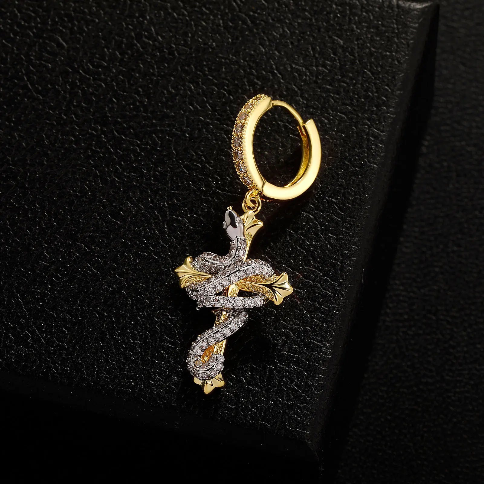 Iced Out Cross Snake Dangle Hoop Earrings