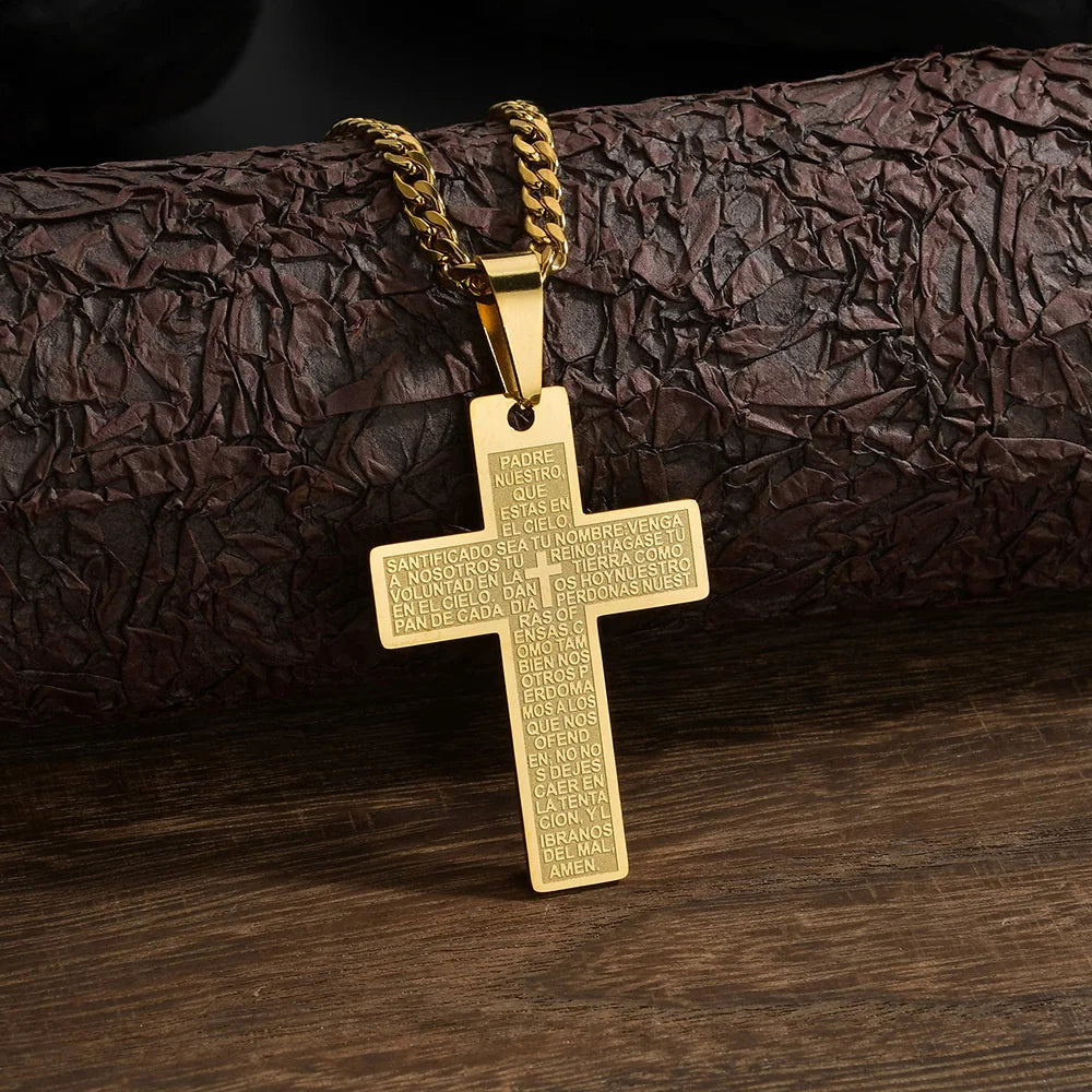 Gold Bible Cross Pendant Necklace — Stainless Steel