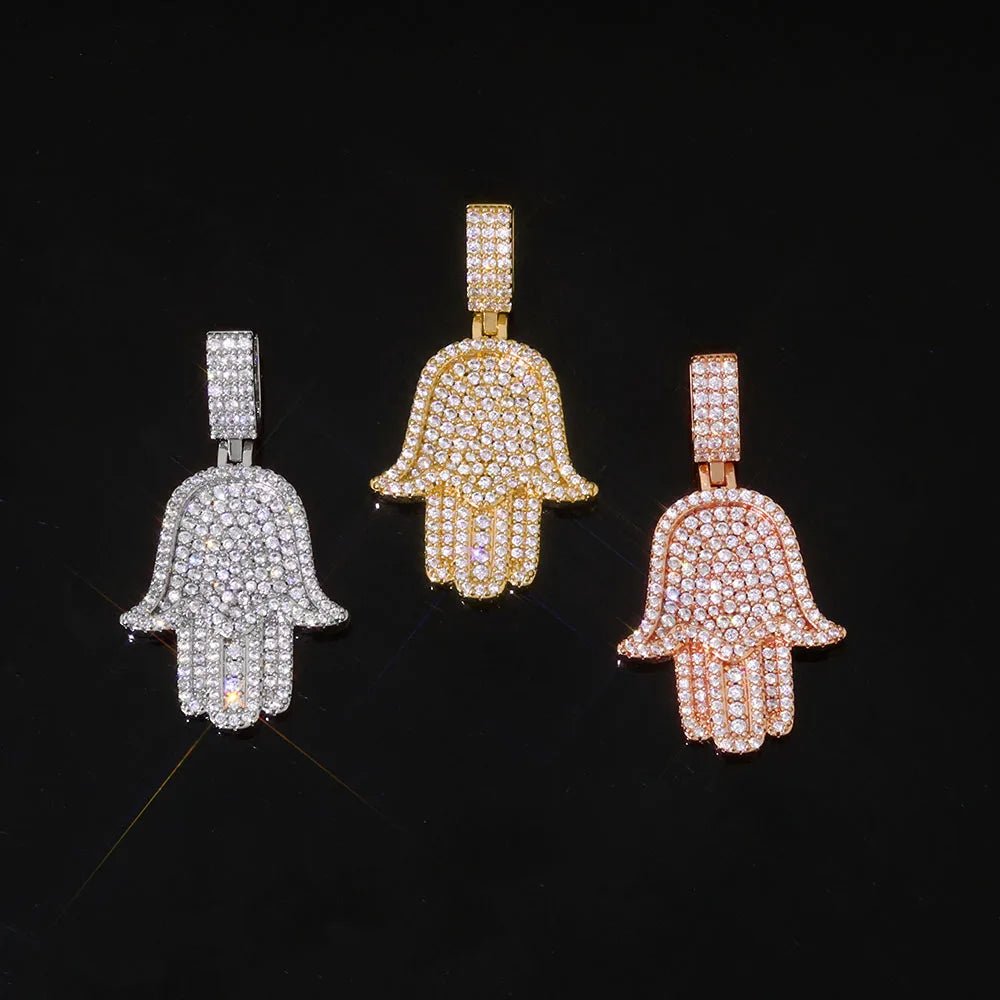 Two-Tone Iced Out Hamsa Pendant Necklace