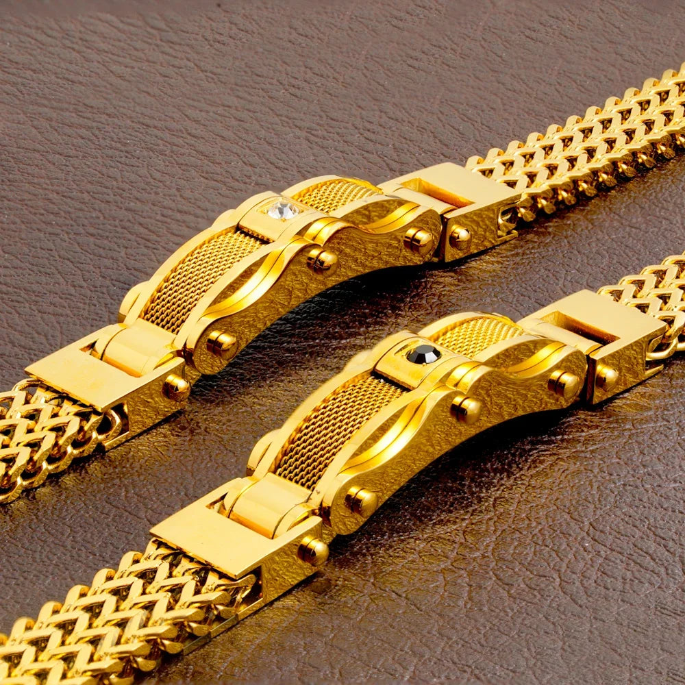 Punk Stainless Steel Bracelet 21 Cm Franco Link Chain Inlaid With Large-Grained Zircon Magnet Clasp
