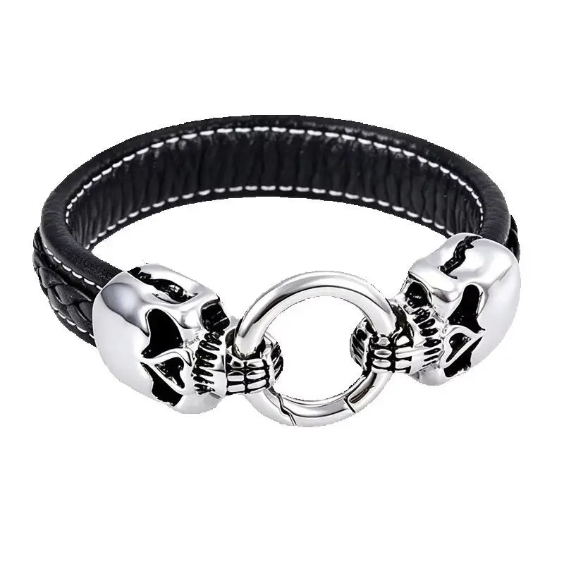 Gothic Double Skull Black Band Bracelet — Stainless Steel
