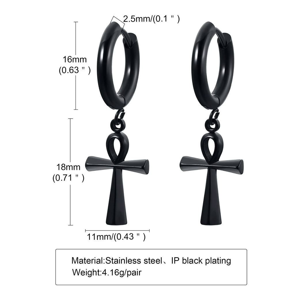 Ankh Cross Huggie Hoop Earrings — Stainless Steel