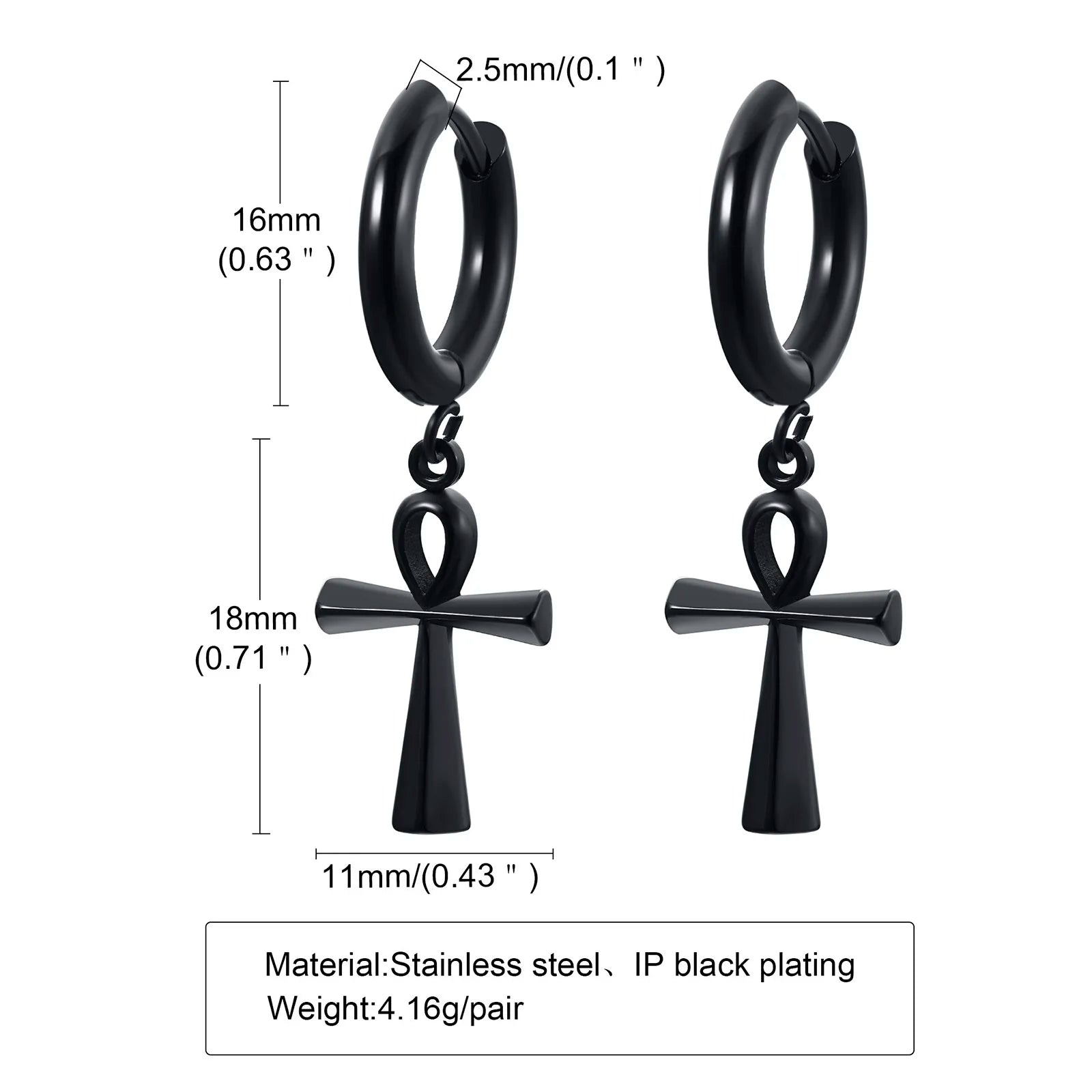 Ankh Cross Huggie Hoop Earrings — Stainless Steel