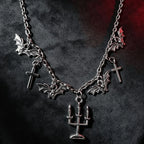 2027 Gothic Bat Cross Candelabra Pendant Necklace Dark Grunge Alloy Choker for Women Retro Halloween Party Alt