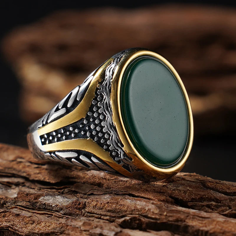 Natural Stone Series for Men Elliptical Ring with Real Tiger's Eye Stone 316L Stainless Steel Male Vintage Design Punk