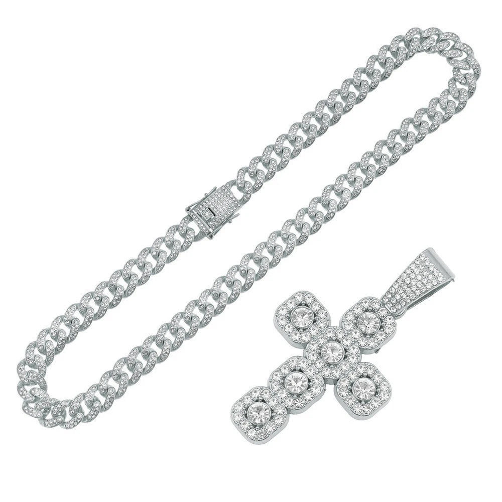 Iced Out Square Cross 13mm Cuban Chain Necklace — Zinc Alloy
