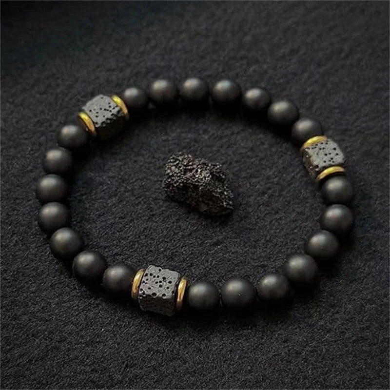 Adjustable Elastic Beaded Bracelet 8mm Round Beads — Black-Tone