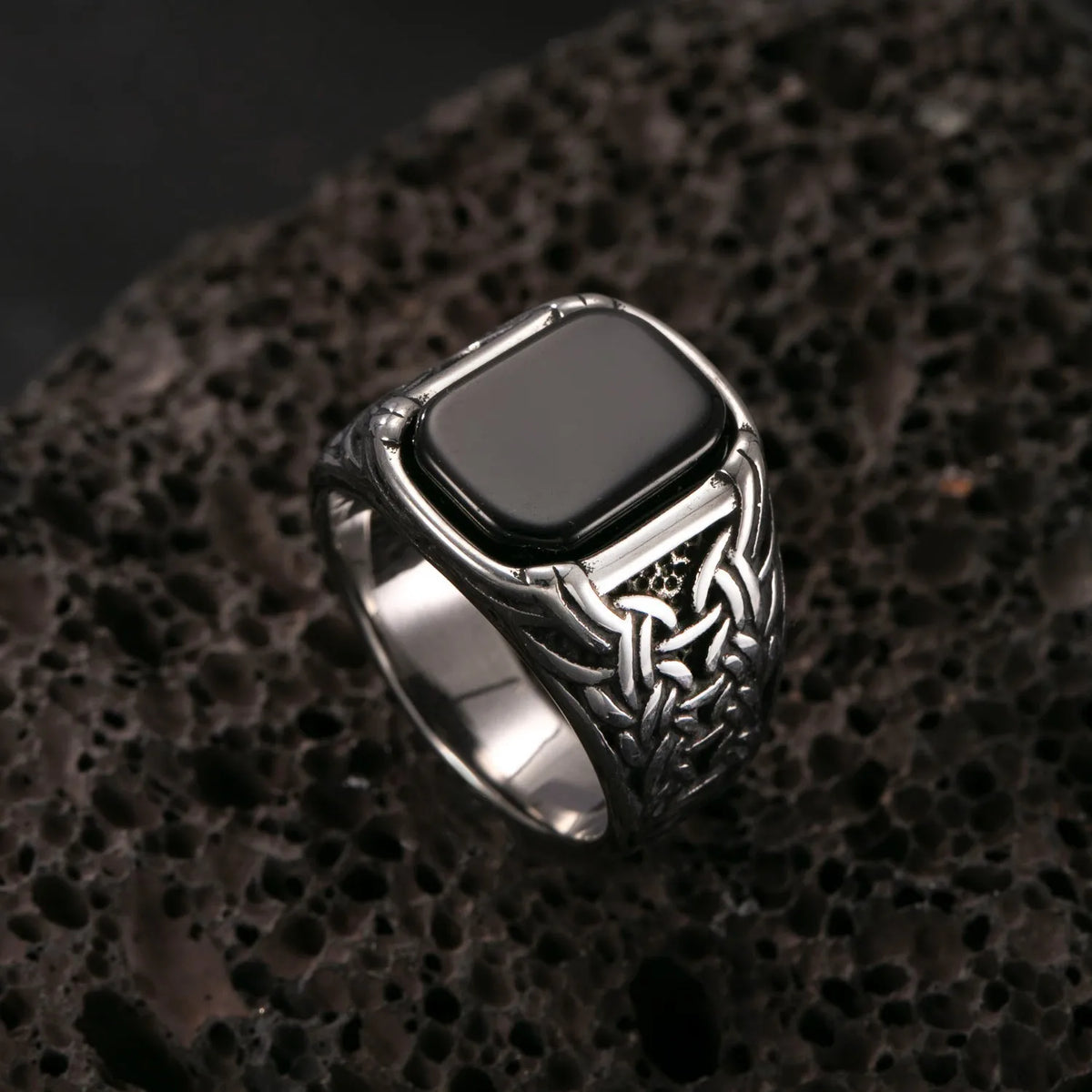 Natural 10*12mm Big Black Agate Stone Vintage Ring For Men Women,Noble Atmospheric Temperament Silver Plated Jewelry Rings Gifts