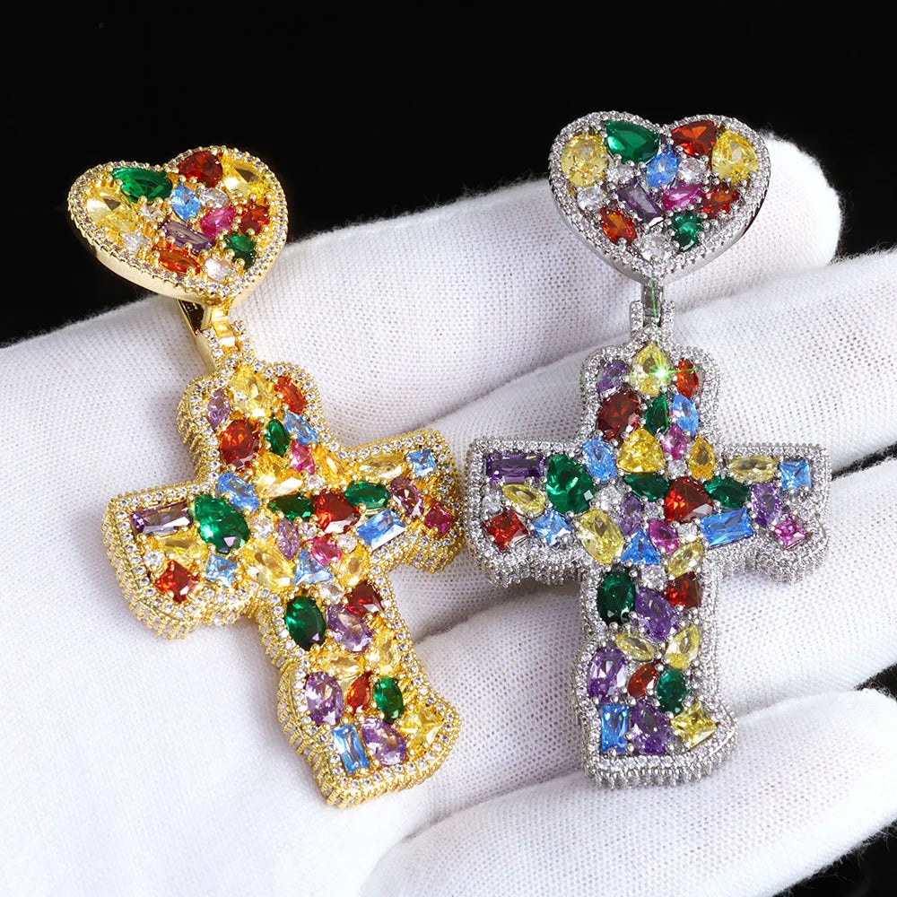 Cross Pendant Necklace Iced Out Multi-Color CZ