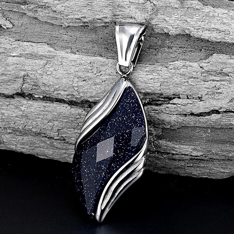 Stylish Blue Sandstone Necklace for Men,Stainless Steel Black Agate Angel Eye Pendant Necklace,Trendy Gifts to Him Boys