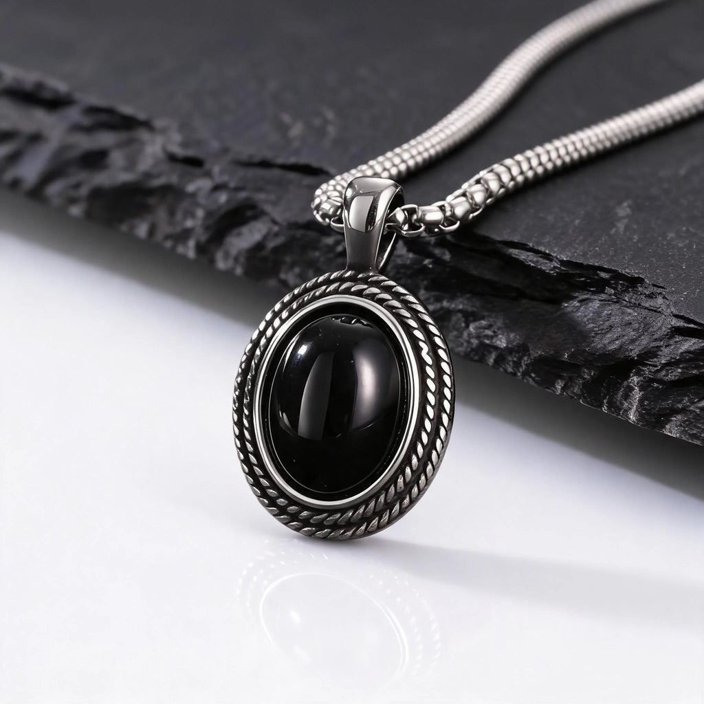 Stylish Black Natural Stone Pendant Necklace for Men,Vintage Stainless Steel Black Onyx Oval Pendant Neckalce Jewelry