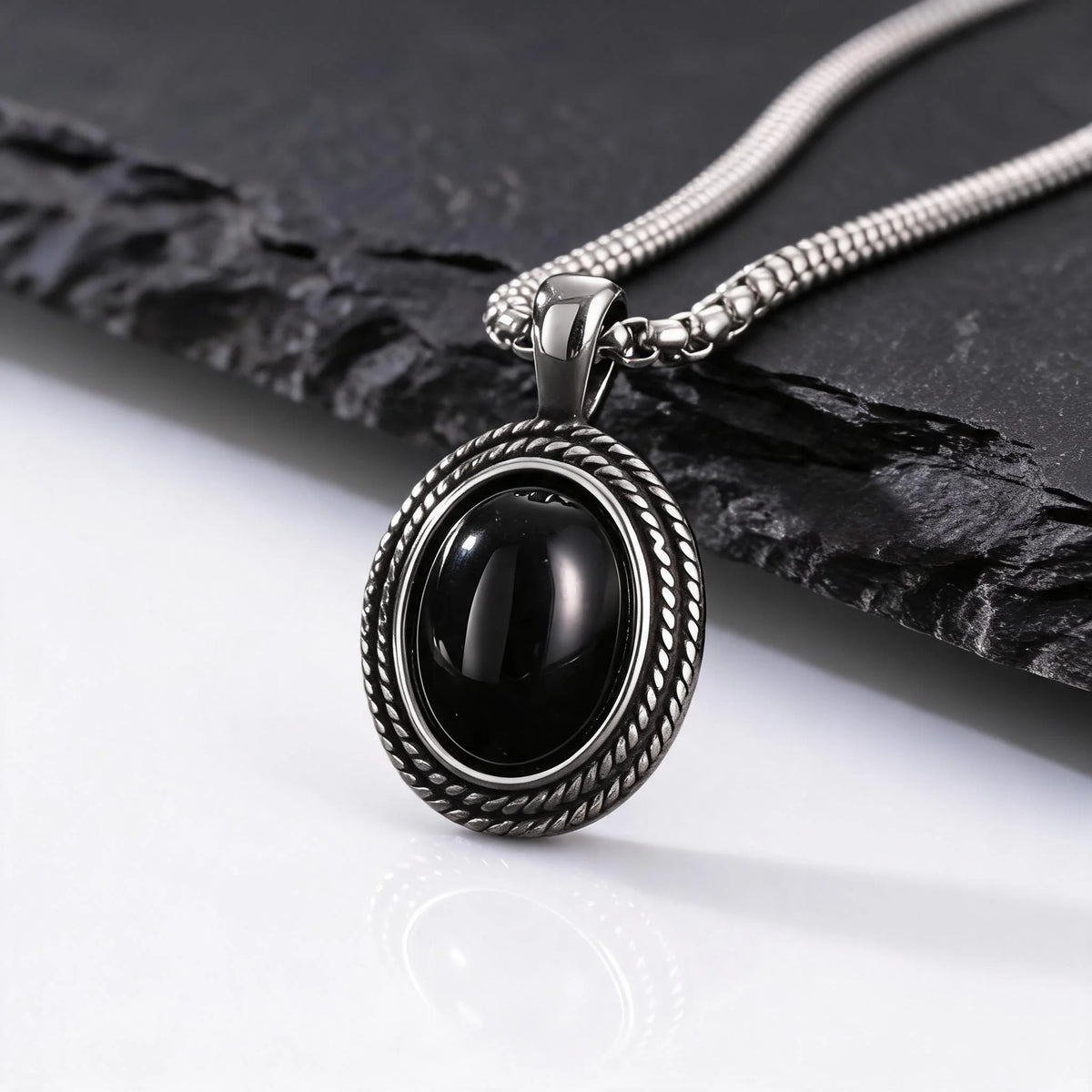 Stylish Black Natural Stone Pendant Necklace for Men,Vintage Stainless Steel Black Onyx Oval Pendant Neckalce Jewelry